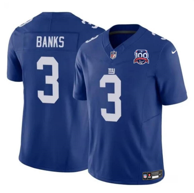 Men's New York Giants #3 Deonte Banks Blue 2024 F.U.S.E. 100TH Season Patch Vapor Untouchable Limited Football Stitched Jersey